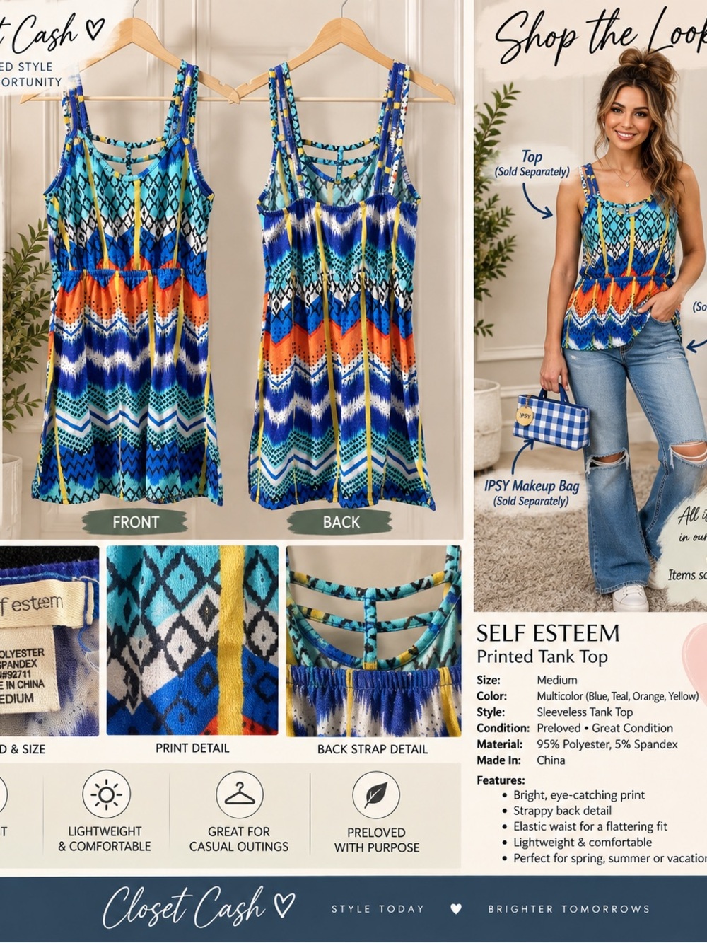 Self Esteem Multicolor Printed Tank Top - Blue, Teal & Orange